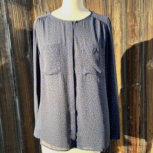 ANN TAYLOR LOFT Long Sleeve Blue w/Black Button-Up Blouse - Size L